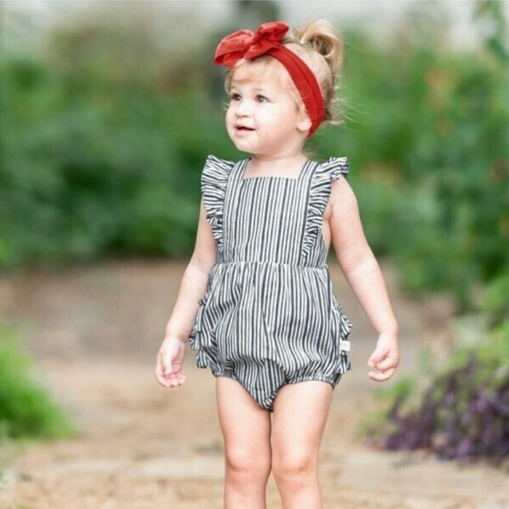 Ruffle Butts Navy Stripe Cross-Back Ruffle‎ Romper Size 6-12 Months